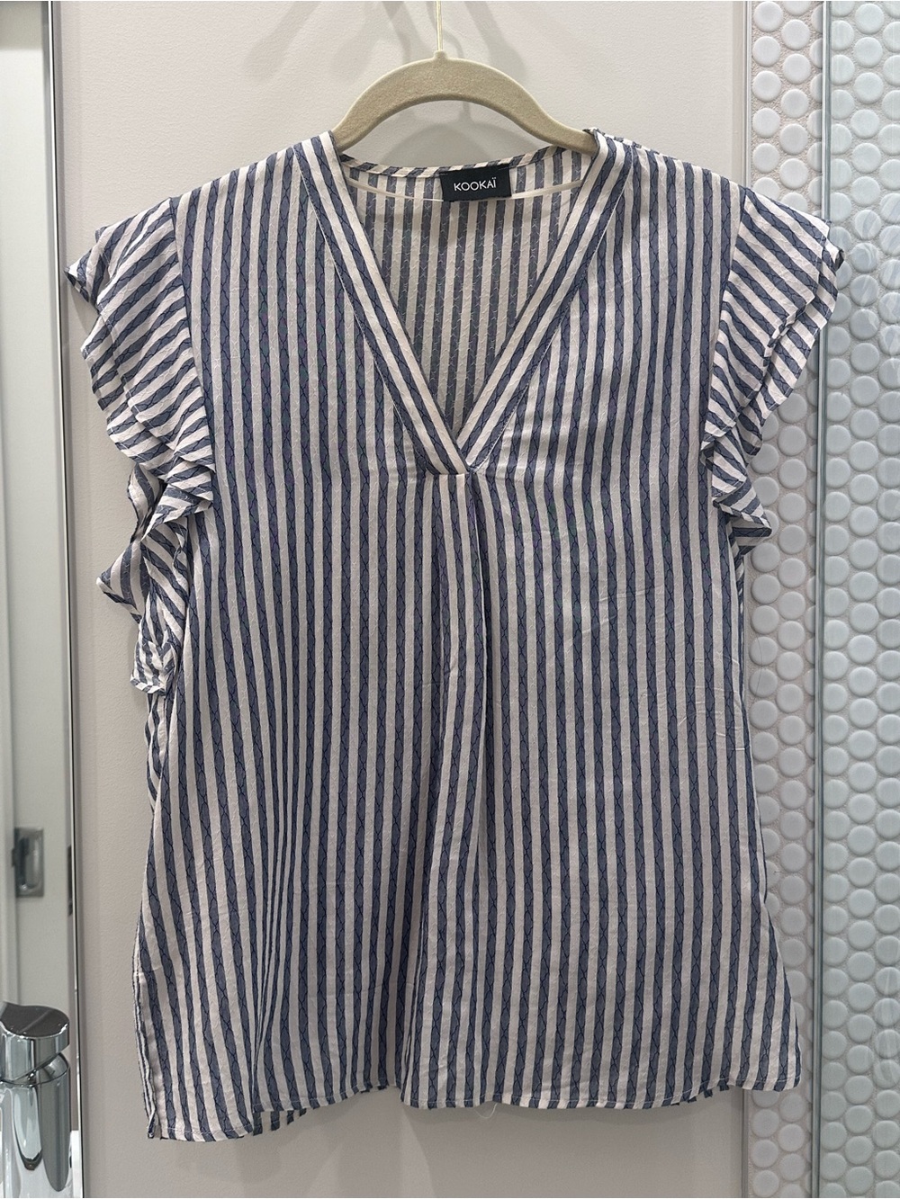 Kookai Navy and White Vertical Stripe V-Neck Ruffle Sleeve Blouse
